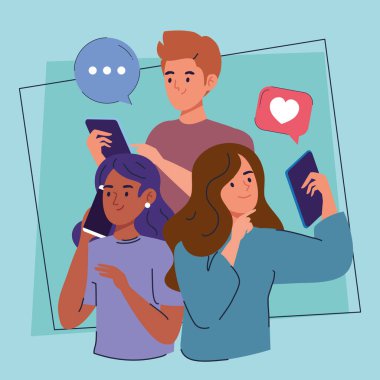 Akıllı telefon karakterleri kullanan ırklar arası insanlar.