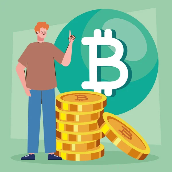 Bitcoins Med Man Krypto Pengar — Stock vektor