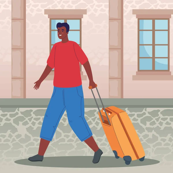 Afro Männlicher Reisender Mit Kofferszene — Stockvektor