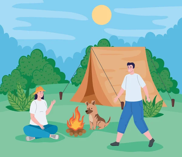 Couple Voyageurs Dans Scène Camping — Image vectorielle