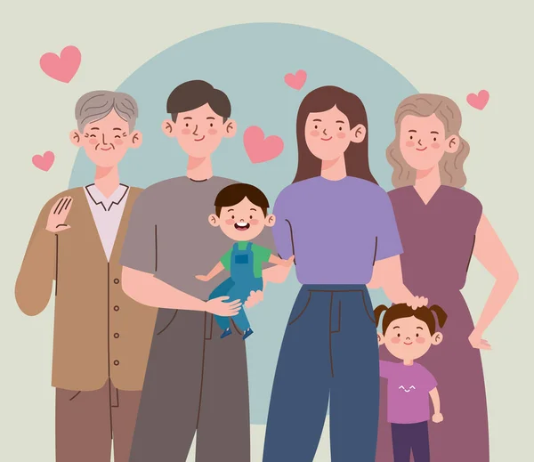 Altı Koreli Aile Üyesi Kalp Karakterleri — Stok Vektör