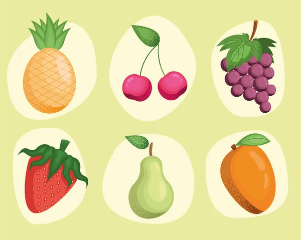 6つの新鮮な果物の健康アイコン — ストックベクタ