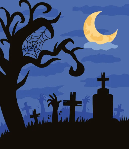 Cemetery Tree Halloween Night Scene — Stock Vector