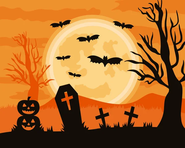 Cemetery Gravestones Halloween Night Scene — Stock Vector