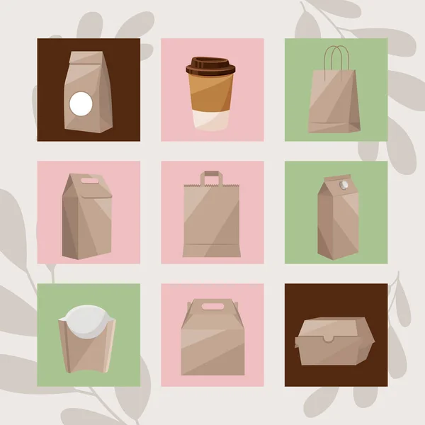 Nine Eco Packaging Mockup Set Icons — Stock Vector