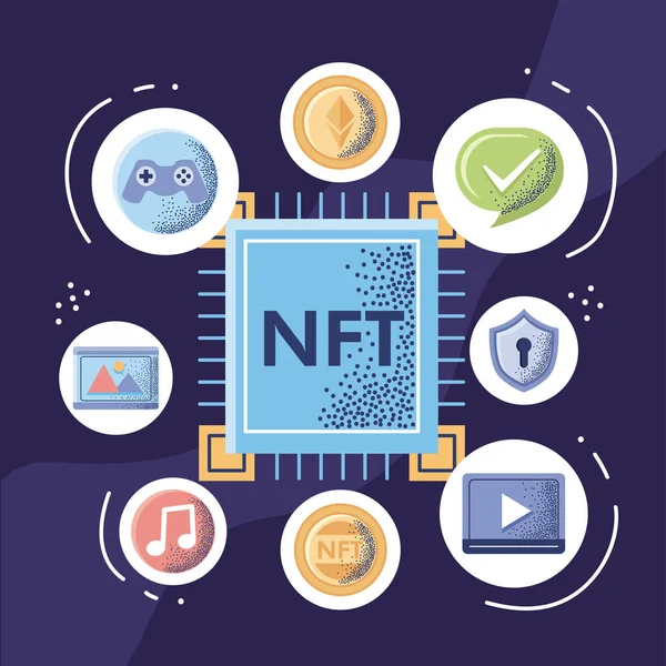 Procesador Nft Con Iconos Establecidos — Vector de stock