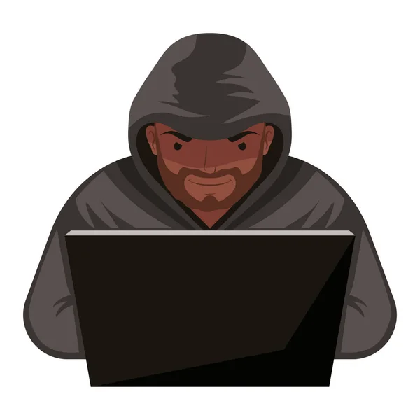 Hacker Using Laptop Thief Character — Stock Vector