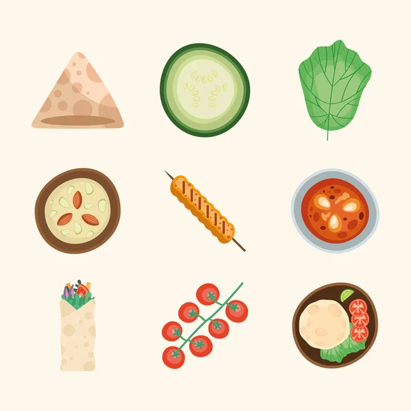 Nueve Iconos Alimentos Nutritivos — Vector de stock