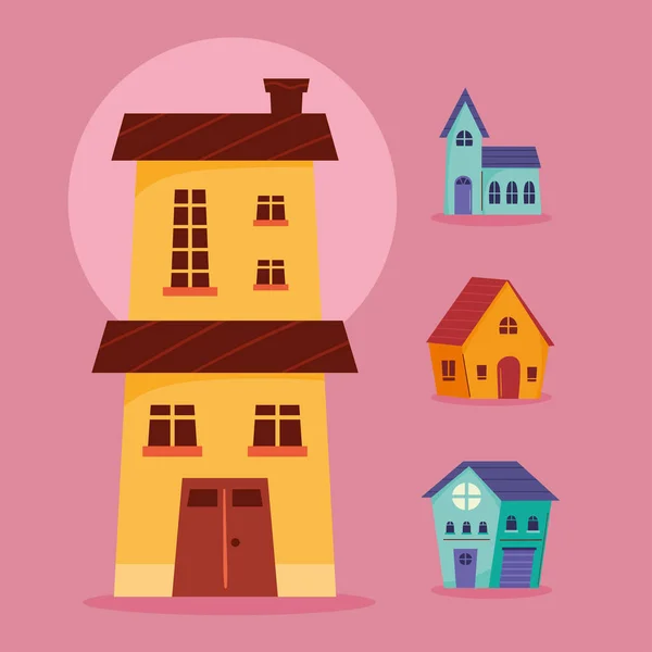 Quatre Maisons Façades Façades Icône — Image vectorielle