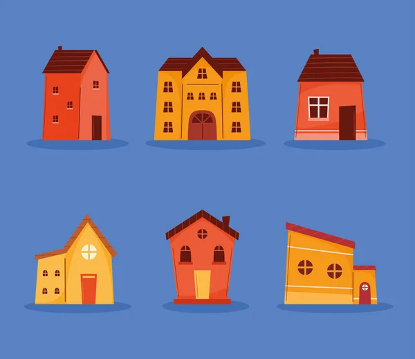 Six Maisons Façades Façades Icône — Image vectorielle