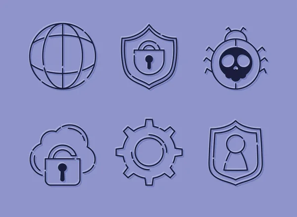 Six Icônes Jeu Cybersécurité — Image vectorielle