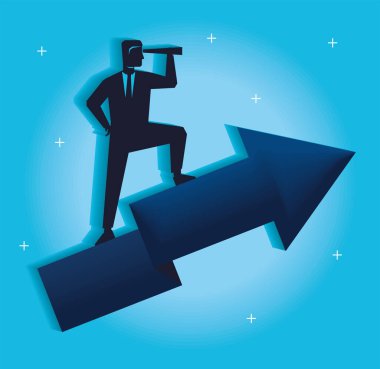 Oklu kağıt sanatında teleskopu olan bir iş adamı.