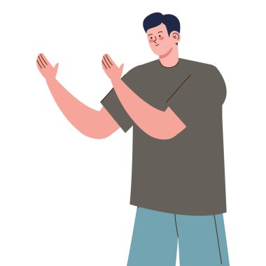 Genç adam komik karakterle konuşuyor.