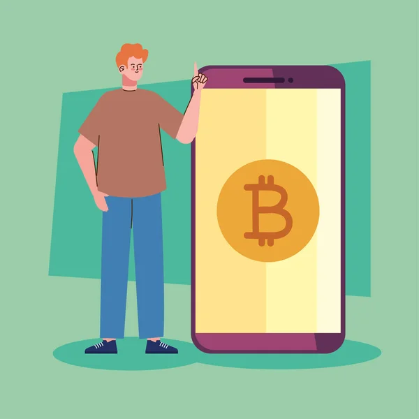 Akıllı Telefon Karakterli Bitcoin Adam — Stok Vektör