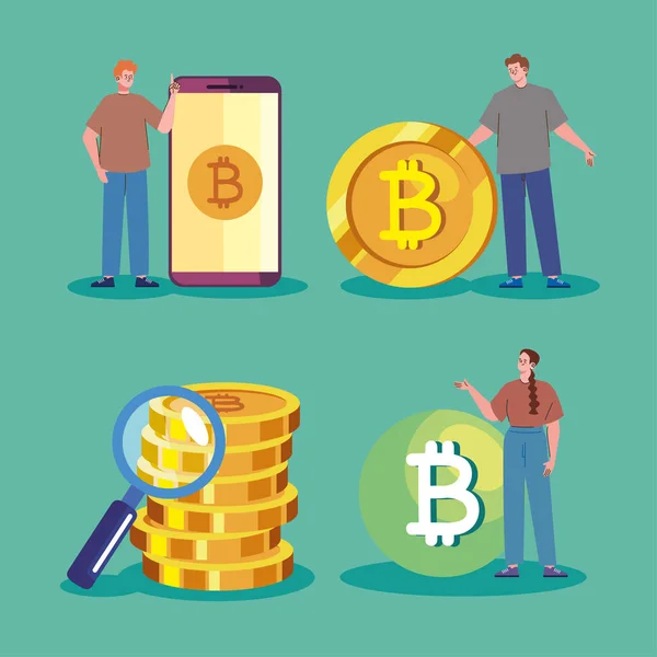 Personen Bitcoins Set Pictogrammen — Stockvector