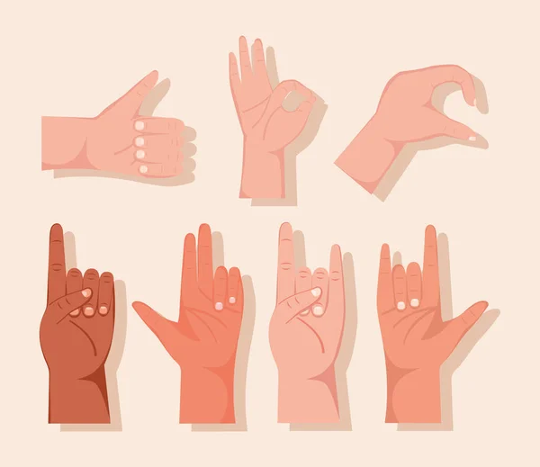 Gesten Mit Sieben Händen Setzen Symbole — Stockvektor