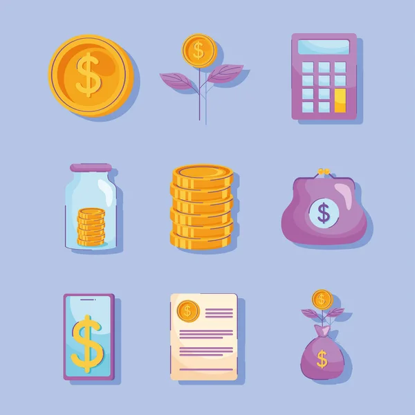 Nine Money Dollars Set Icons — Stock Vector