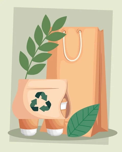 Bolsa Ecología Con Macetas Vida Sostenible — Vector de stock