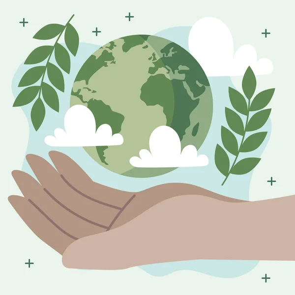 Hand Tillen Ecologie Wereld Planeet Pictogrammen — Stockvector