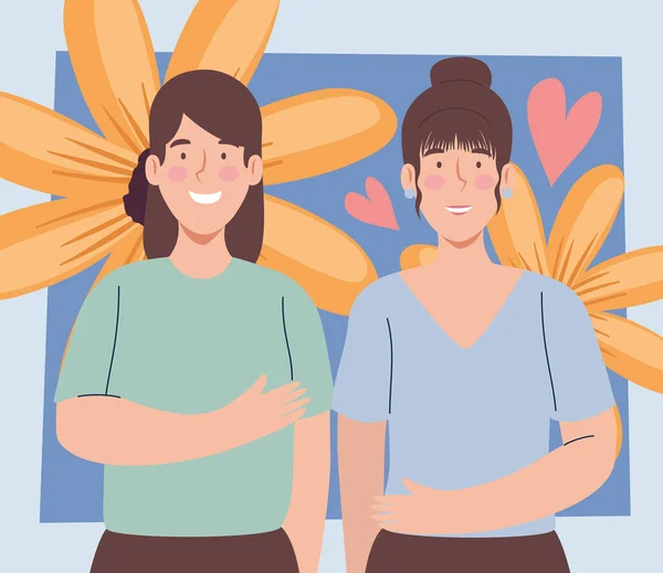 Mulheres Coreanas Casal Com Flores Personagens — Vetor de Stock