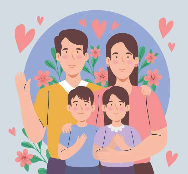 Parents Coréens Avec Des Enfants Des Personnages Coeur — Image vectorielle