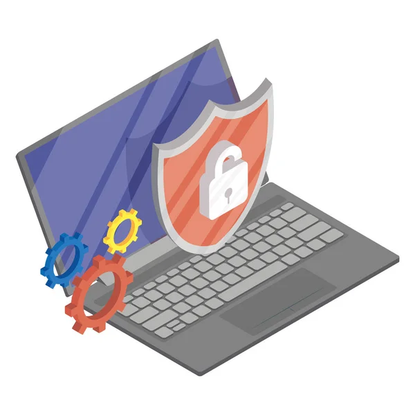 Segurança Cibernética Laptop Com Ícone Escudo — Vetor de Stock