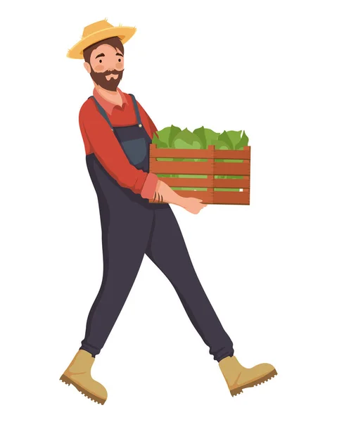 Male Farmer Lifting Vegetables Basket Character — Stock Vector