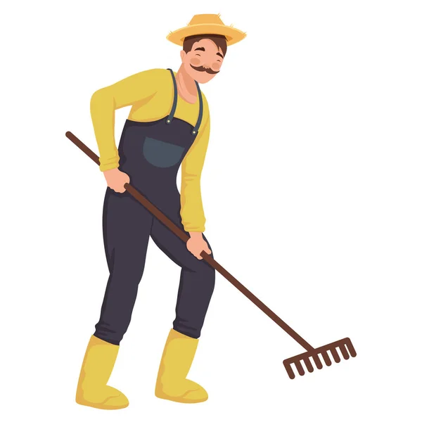 Agriculteur Masculin Utilisant Caractère Râteau — Image vectorielle