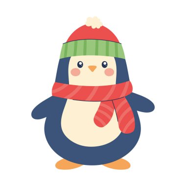 Noel kıyafetli sevimli bir penguen.