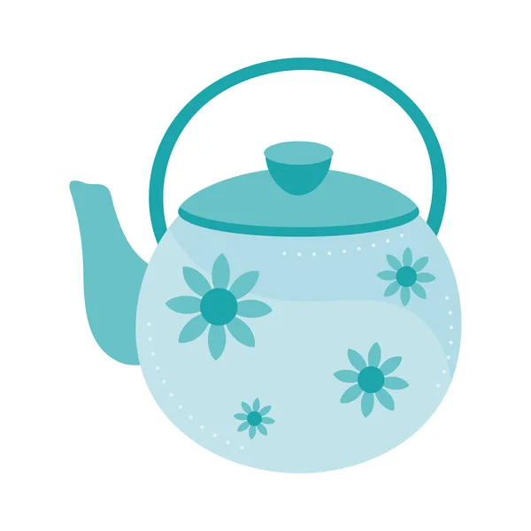 Blaue Teekanne Mit Blumen Symbol — Stockvektor
