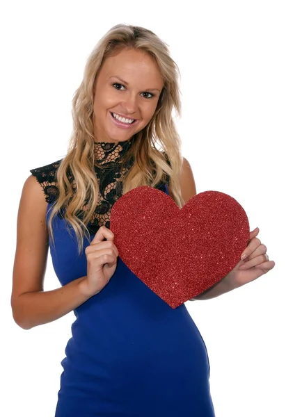 Gorgeous Blond Girl with Big Red Heart — Stock Photo, Image