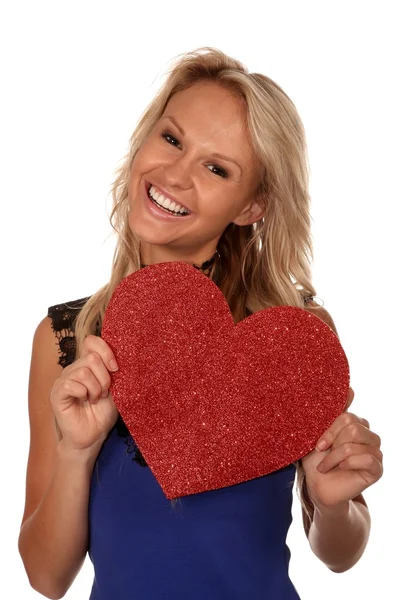 Gorgeous Blond Girl with Big Red Heart — Stock Photo, Image