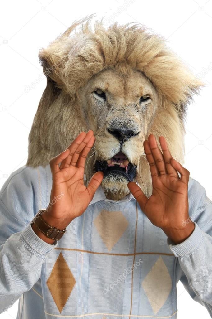 Lion Calling on Man's Body Concept