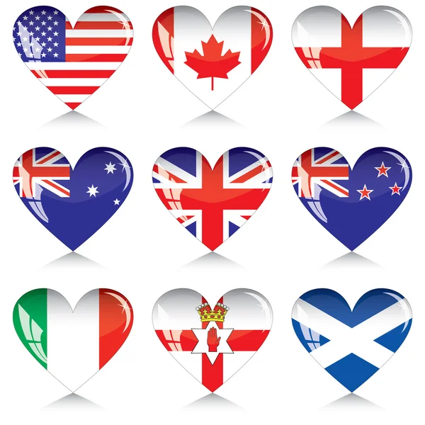 Corazones de los países de habla inglesa — Archivo Imágenes Vectoriales