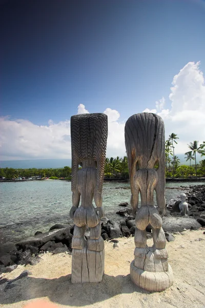 Estatuas de madera de ídolos de pie en la orilla arenosa de Hawai — Foto de Stock