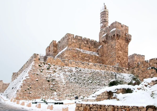 Jeruzalem, de vesting van david in de sneeuw — Stockfoto