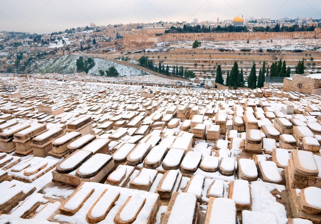 Snowy Memorial Jewish cemetery on the Mount of Olives.