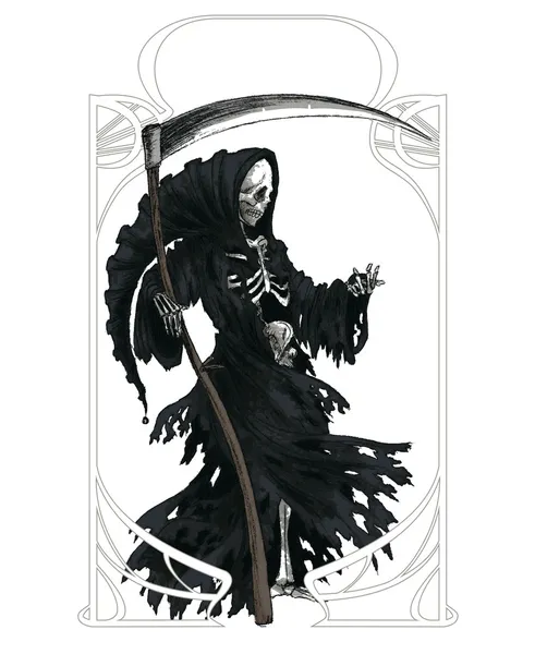 Grim Reaper in black cloak with scythe — Stock Vector