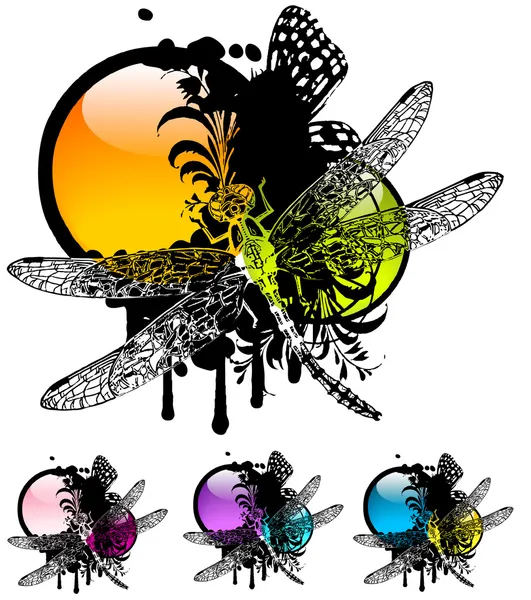 Elementos florales y libélula — Vector de stock