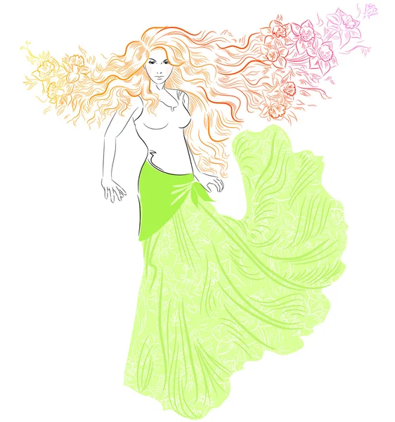 Дівчина в зеленій спідниці з квітами — стоковий вектор
