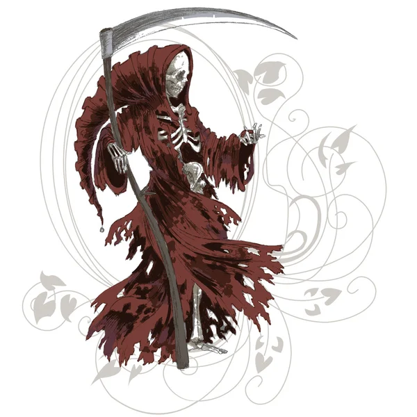 Grim reaper σε κόκκινο μανδύα με δρεπάνι Royalty Free Διανύσματα Αρχείου