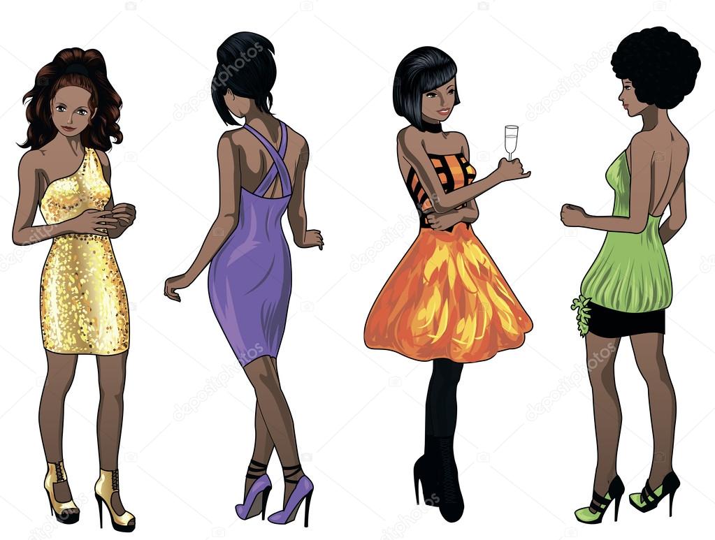 Negroid and mixed race ladies in cocktail dresses