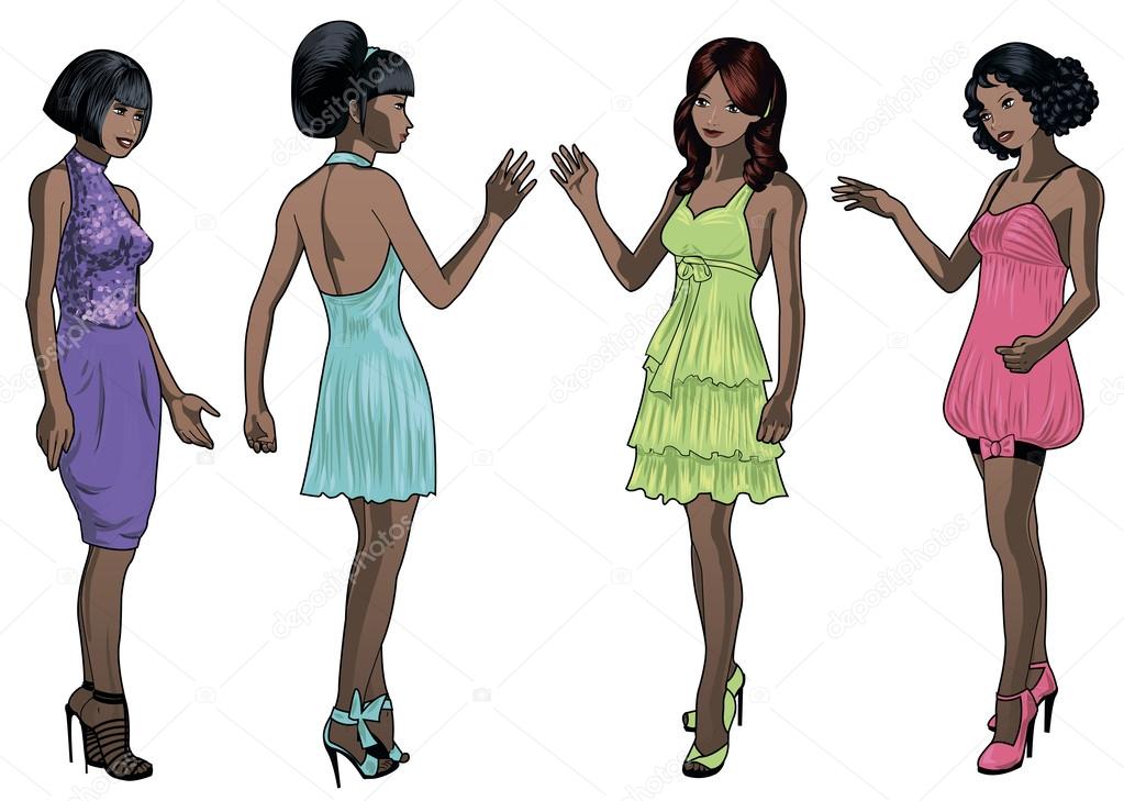Negroid and mixed race ladies in cocktail dresses