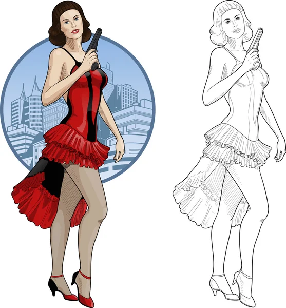 Retro brunette meisje in rood en zwart met een pistool — Stockvector