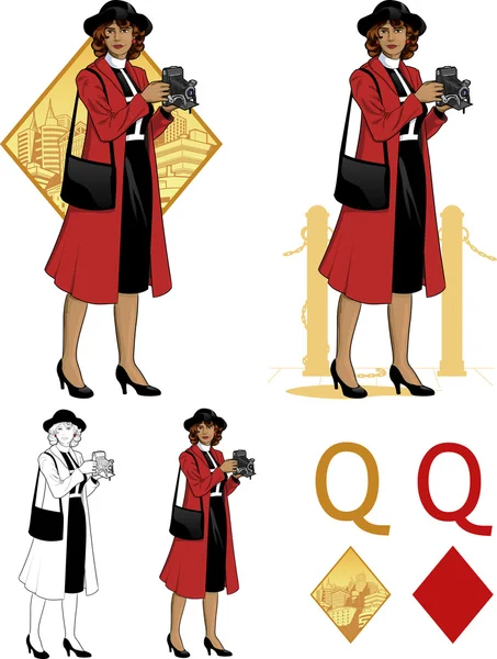 Queen of diamonds afroamerican woman photographer Mafia card set — Stock Vector