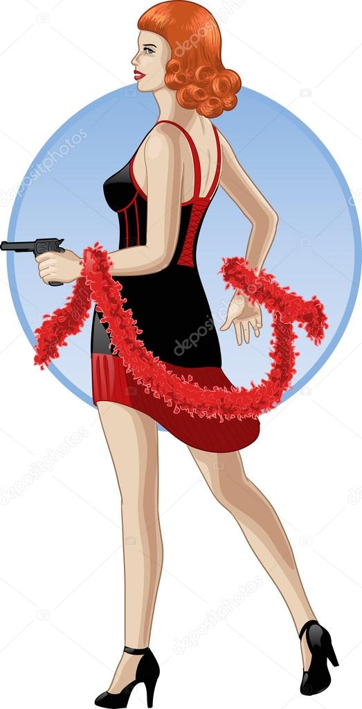 Retro caucasian girl with a gun in cartoon style
