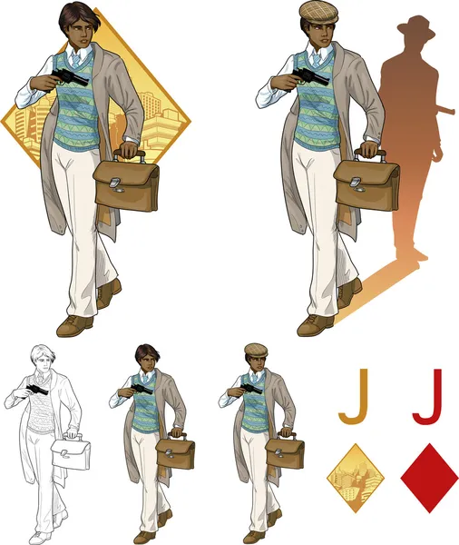 Джек з діамантів афроамериканський хлопчик з пістолетом набір карт мафії — стоковий вектор