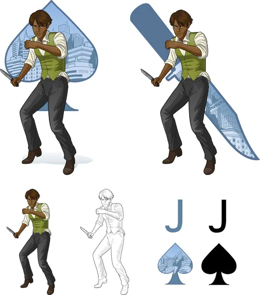 Jack de espadas afroamericano peleando hombre mafia tarjeta conjunto — Archivo Imágenes Vectoriales