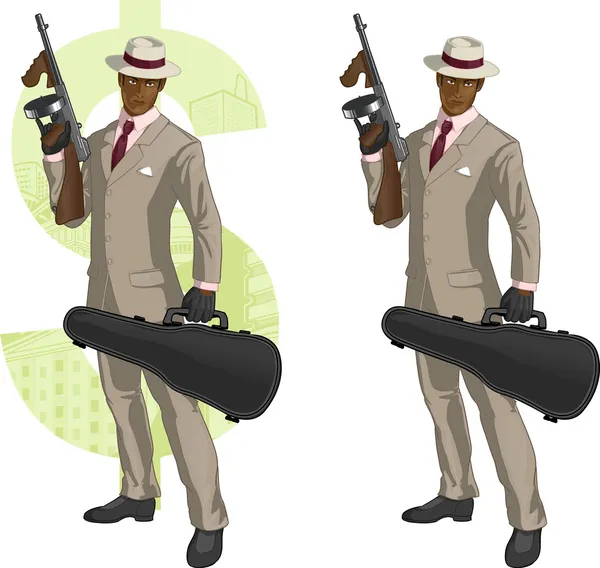 Karikatur afroamerikanischer Mafioso mit Tommy-Pistole — Stockvektor