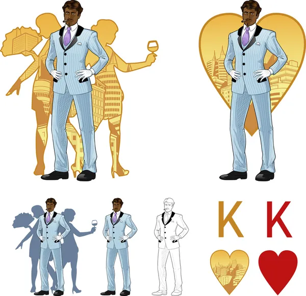 King of hearts attractive afroamerican man with corps de ballet dancers silhouettes Mafia card set — Stock Vector